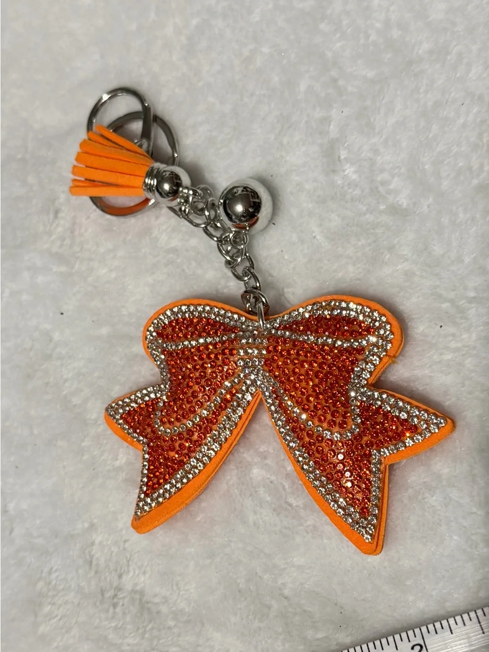 Orange & White Rhinestone Bow Keychain Charm